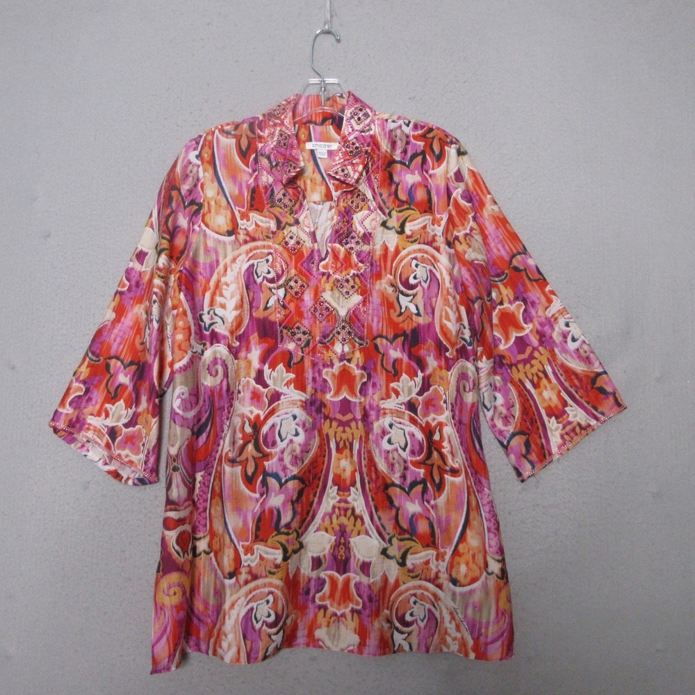 Chicos Tunic Top Embellished Beaded‎ Resort Vacation Beach Boho Elegant Eclectic